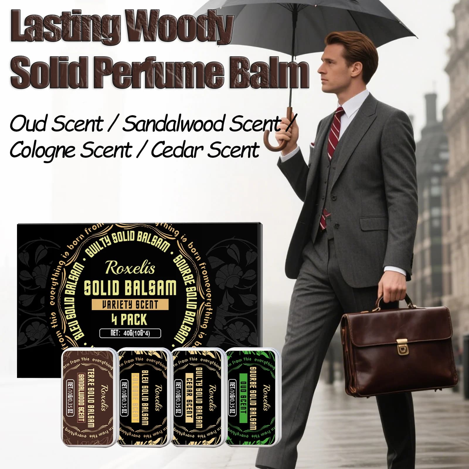 Set di 4 Profumi Solidi Classici per Uomo, Fragranza Legnosa Duratura, Deodorante Naturale Fresco, Profumo Solido Affascinante per Appuntamenti