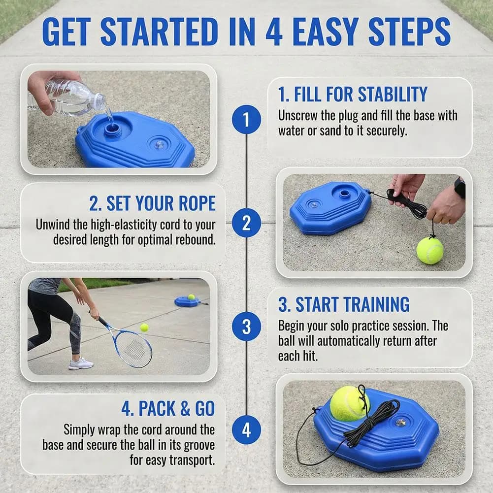 Attrezzo portatile per l'allenamento del tennis a solo con base elastica e rimbalzatore per palline da tennis per l'allenamento dello swing