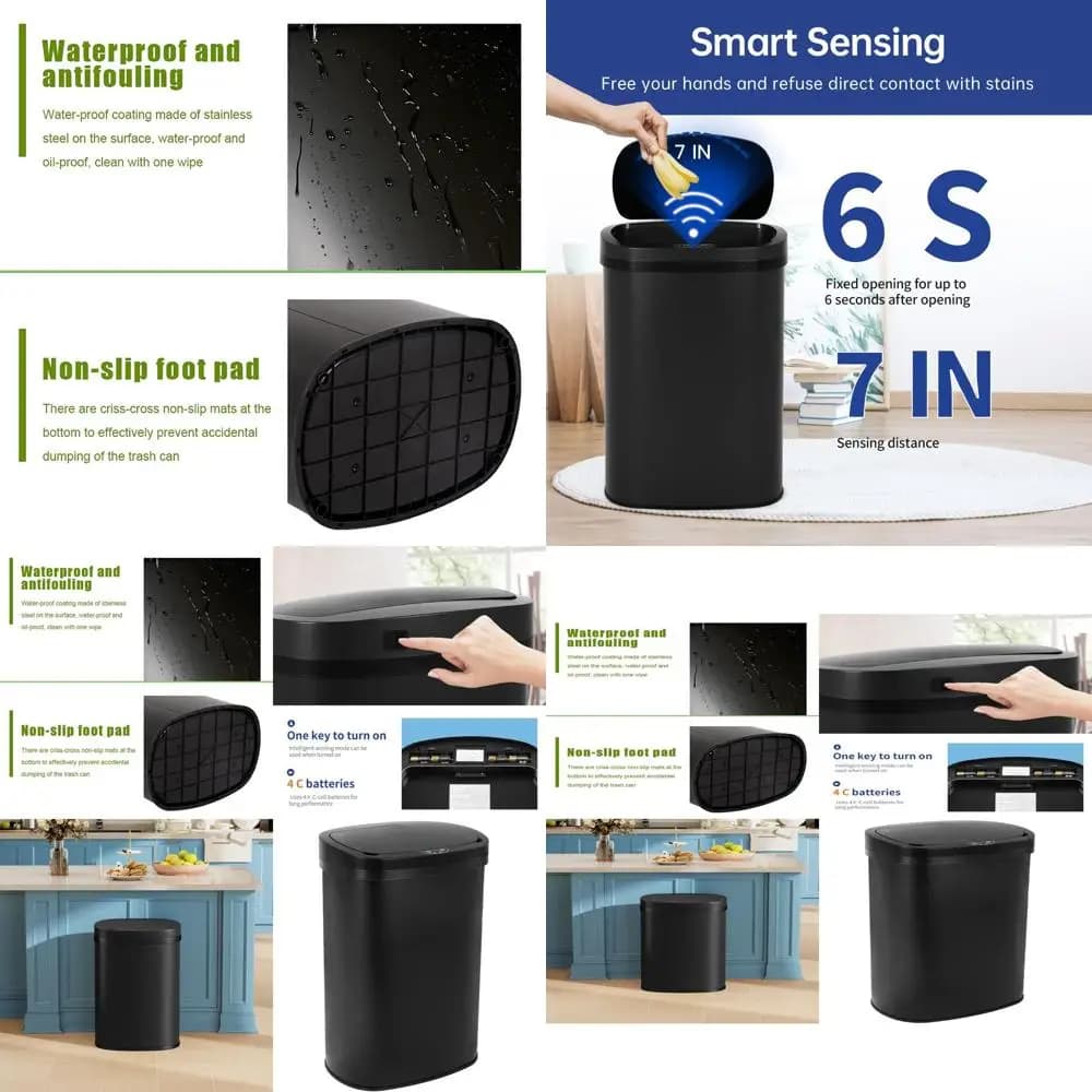 Cestino dei Rifiuti Automatico con Sensore Touch da 13 Galloni, Nero, per Cucina, Bagno e Ufficio