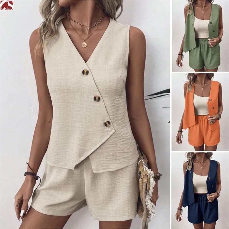 Pantaloncini con gilet irregolare casual da donna Set da 2 pezzi Estate Nuovo scollo a V Bottoni Gilet Pantaloncini a gamba larga Set per abbigliamento donna