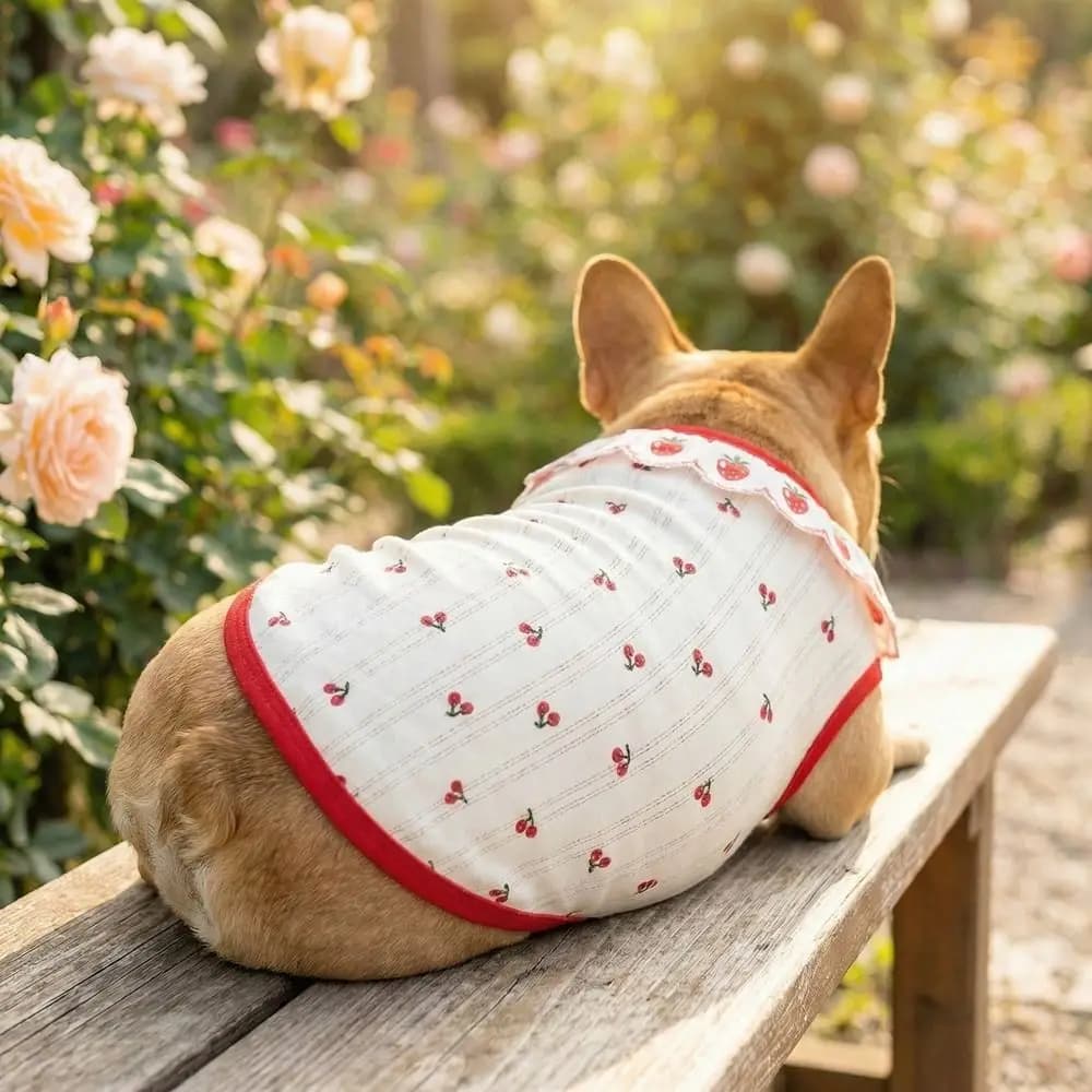 Maglietta per animali domestici alla moda con colletto arricciato, motivo gatto e fragole, morbida, a maniche corte, traspirante e sottile, per cani, ideale per servizi fotografici