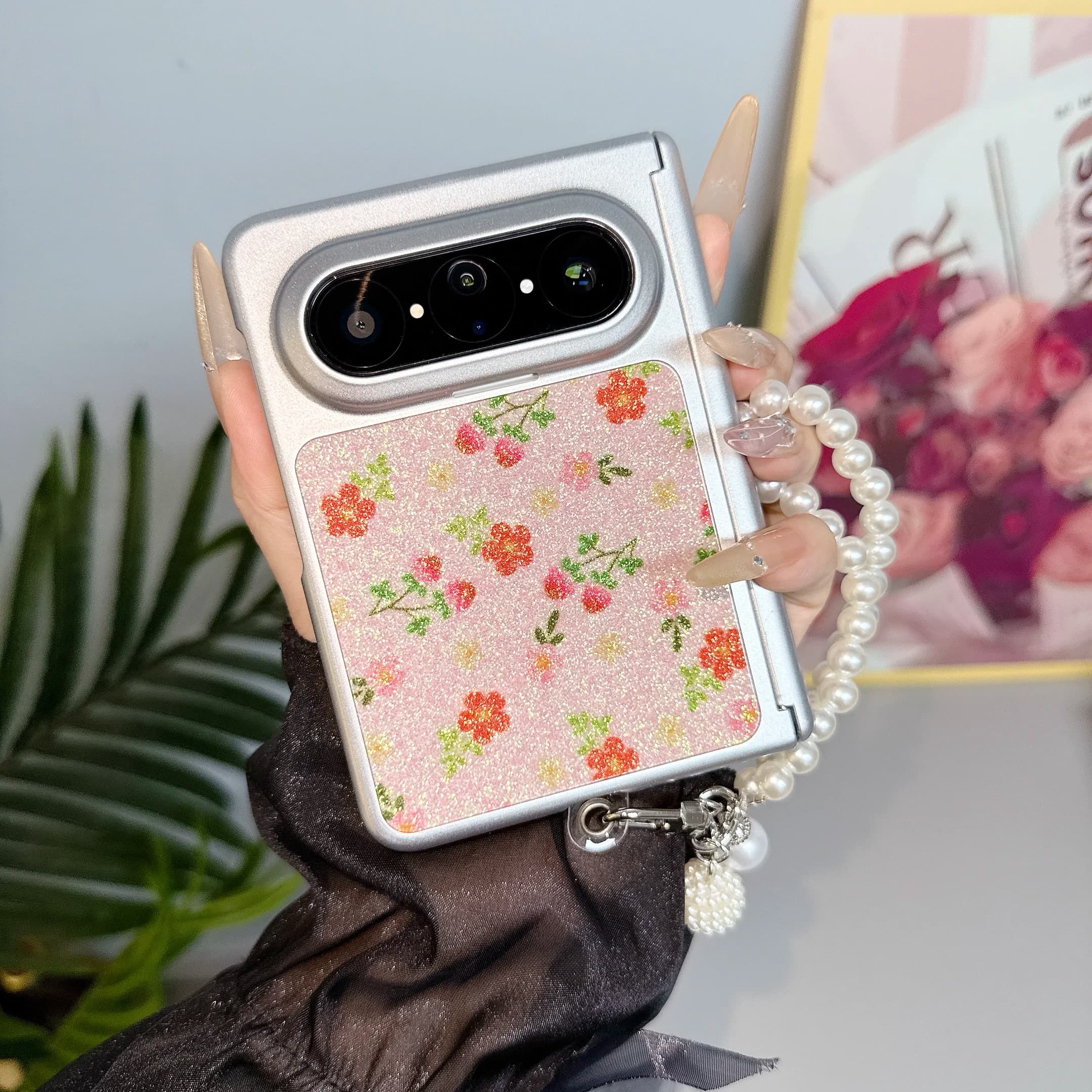 Custodia protettiva con cerniera e motivo floreale con polvere scintillante per Huawei Pura X Max