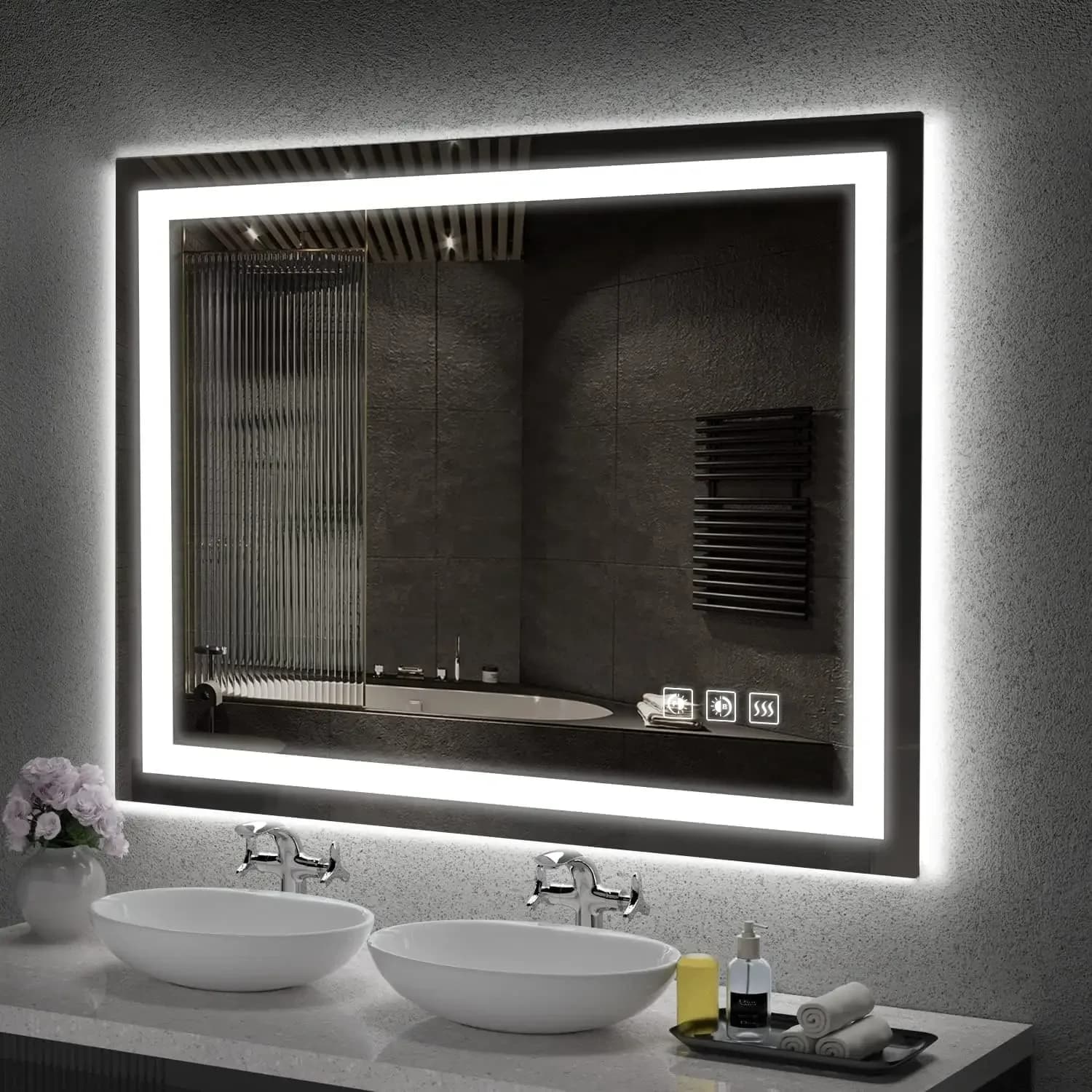 Specchio LED per Bagno, 48x36 Pollici Retroilluminato + Illuminato Frontalmente, Specchio da Parete con Luci, Doppie Strisce Luminose, 3