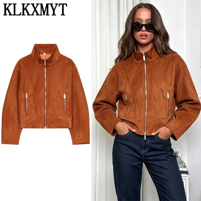 KLKXMYT Women Stand Collar Jacket 2026 Autumn Long Sleeve Zippers Pockets Coats Solid Causal Streetwear Fashion Jackets