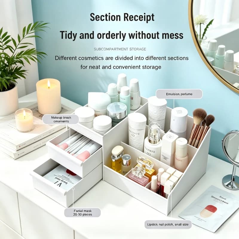 Desktop White Plastic Makeup Storage with Drawer, Practical Cosmetic Organizer for Dressing Desk and Dorm Storage
