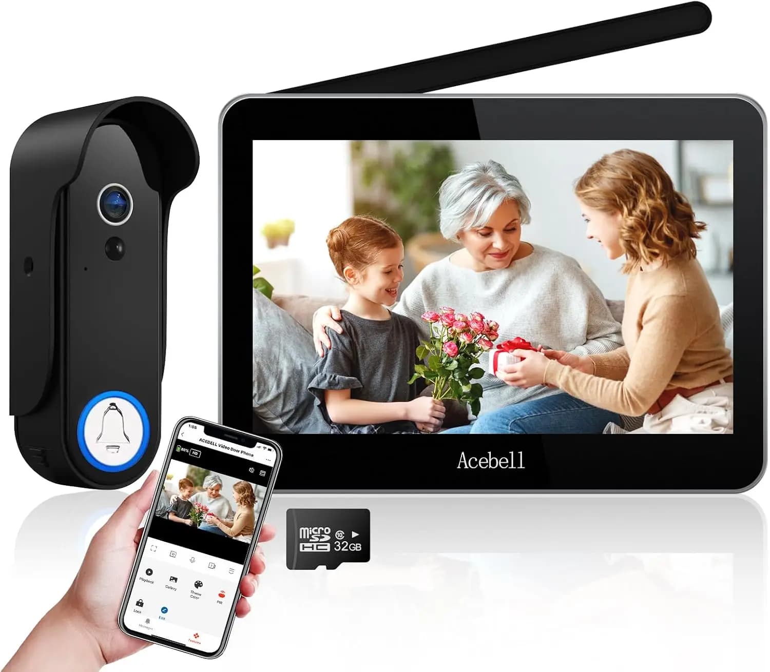 Campanello Video Wireless Intelligente con Monitor Touch Screen da 7 Pollici, Telecamera 1080P, Rilevamento Movimento, Senza Abbonamento