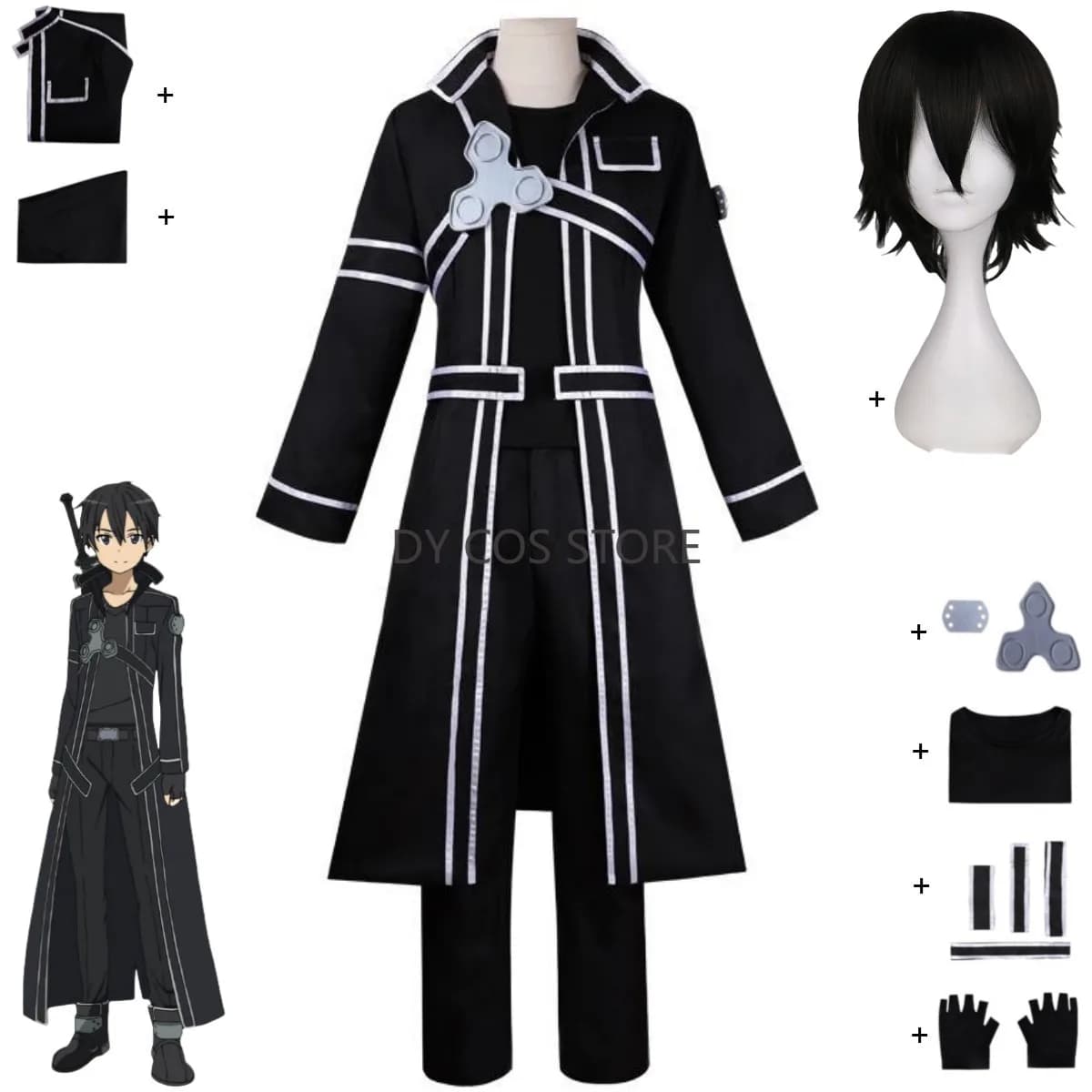 Anime Sword Art Online Kirigaya Kazuto Costume Cosplay SAO Kirito Cappotto lungo nero Trench Parrucca Uomo Donna Vestito da festa di Halloween
