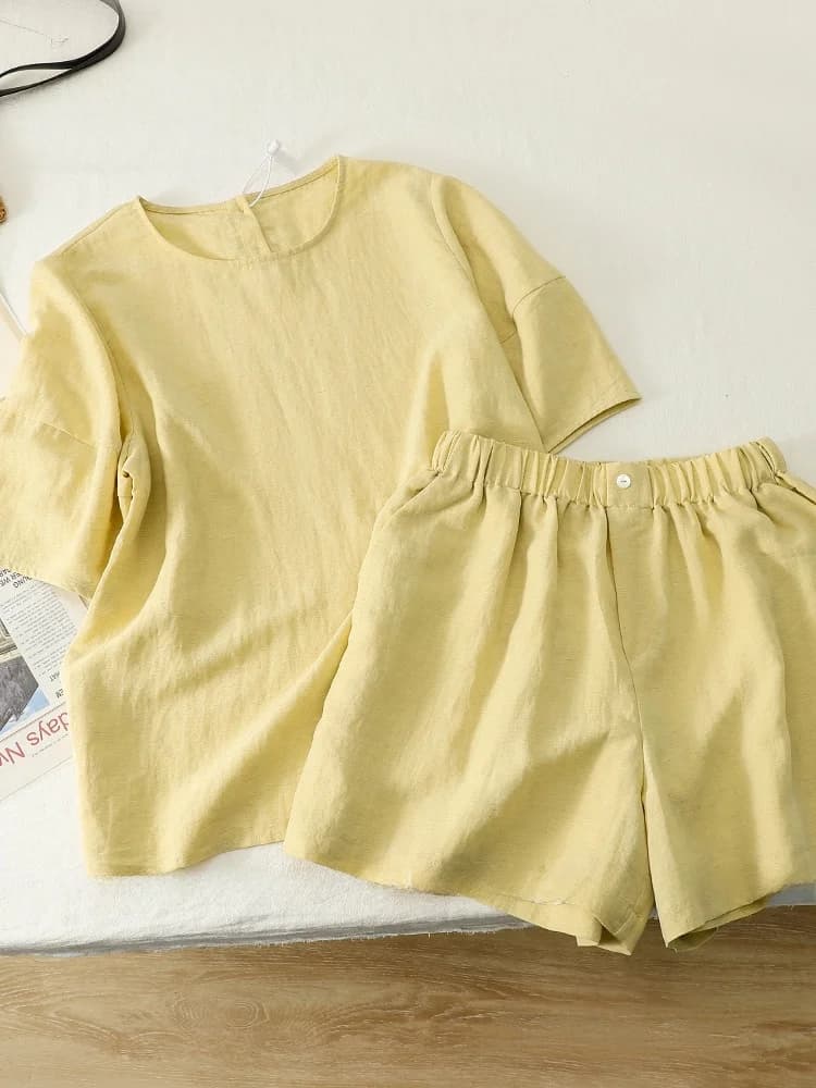 Elegant Casual Cotton Linen Set Women's Summer Loose Short Sleeve T-Shirt Top And Shorts Two-Piece Set round Neck Pullover