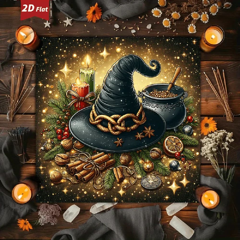 Tappeto per Tarocchi con Motivo Cappello da Strega, Base in Gomma Antiscivolo, Copritavolo per Altare, Design Festivo Fantasioso, Tappetino per Pendolo, Carte Oracolo