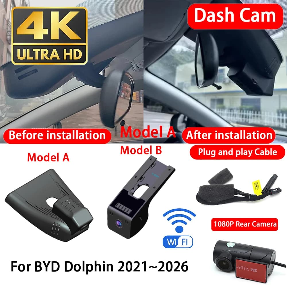for BYD Dolphin 2021~2026 4K 2160P Dash Cam Front Rear Car Camera DVR Wifi Plug & Play Video Recorder Loop Recording