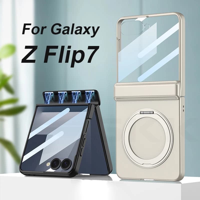 Magnetic Hinge Armor Case for Samsung Galaxy Z Flip 7 Magsafe Charge Ring Holder Screen Protective Cover For Galaxy Z Flip7 Case