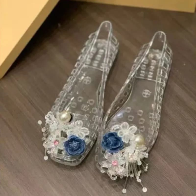Scarpe firmate Glamour PVC trasparente Gem Design Sandali Outdoor Pop Ballet Accessori per scarpe quadrate Fiore per scarpe blu staccabile