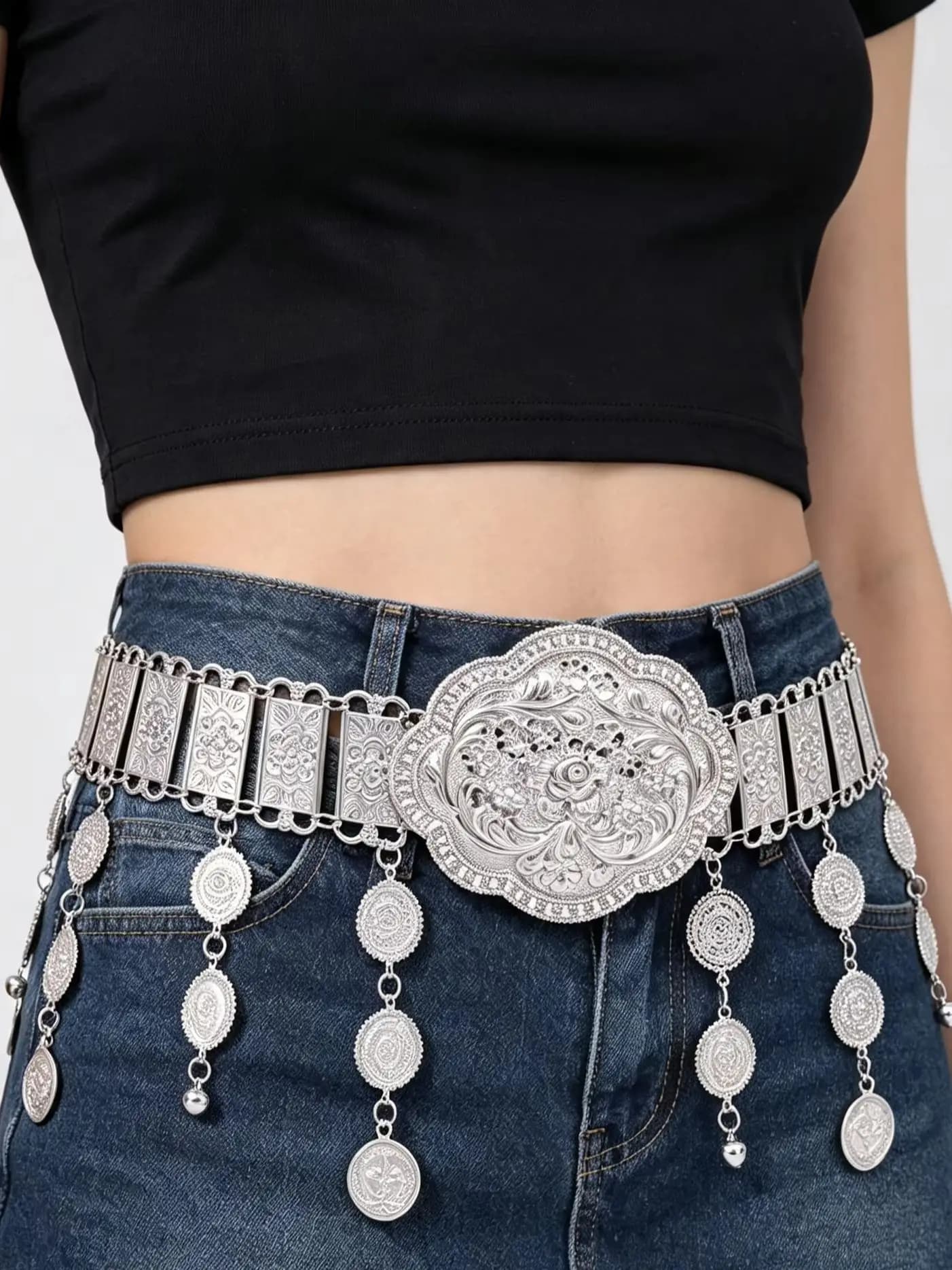 Boho Ethnic Waist Belt Hollow Floral Carved Coin Tassel Waist Chain Women Vintage Gypsy Belly Dance Dress Accessories