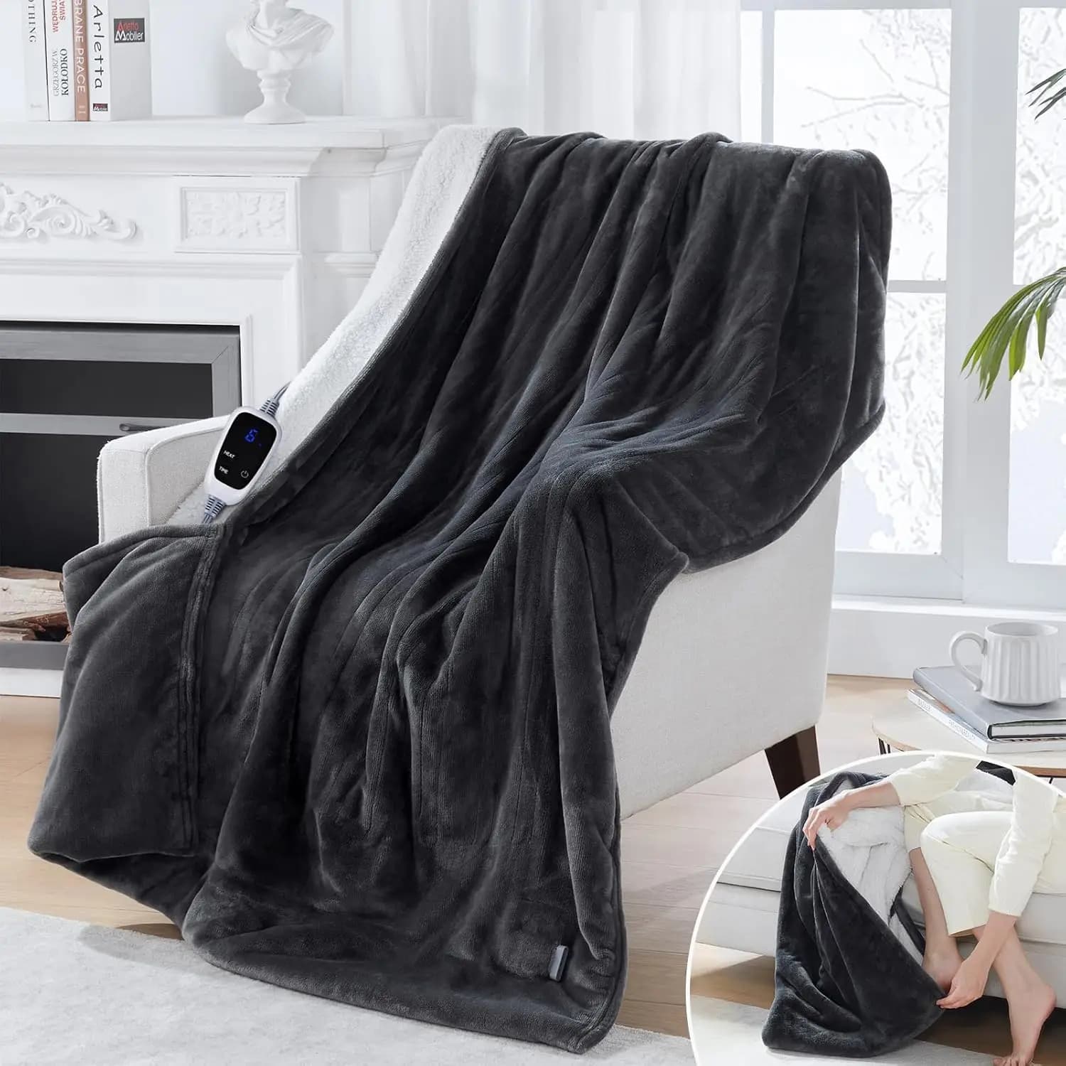 Coperta Elettrica Riscaldata con Tasca per i Piedi, 6 Livelli di Calore e Spegnimento Automatico, Lavabile in Lavatrice, 50x62 Pollici Grigio Scuro