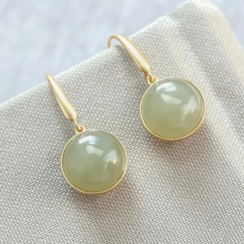 Natural Hetian jade round bead earrings Chinese style retro national light luxury elegant noble new women's silver jewelry