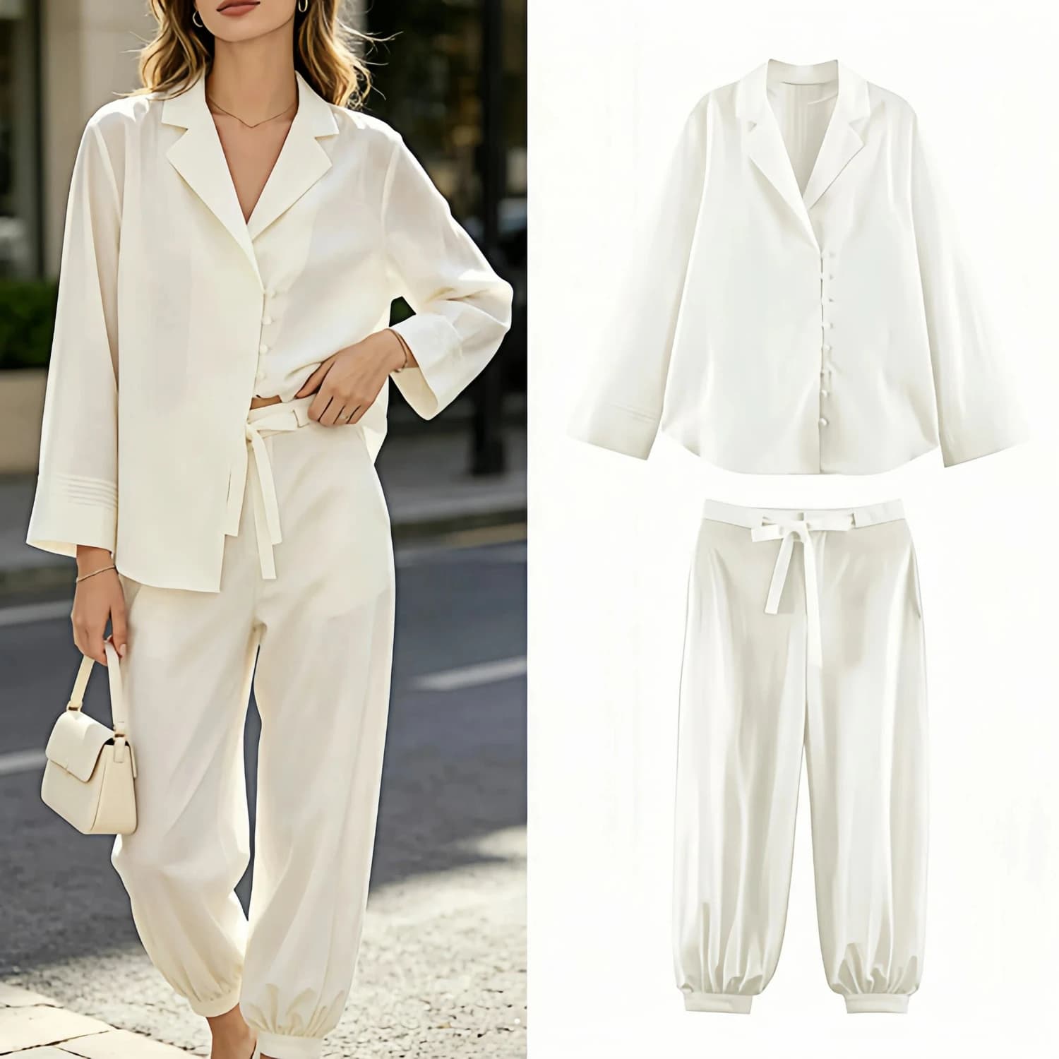 Summer White Lapel Long Sleeve Blouse Tie Waist Lantern Pants Two Piece Set Women Commuting Elegant Casual Two Piece Set