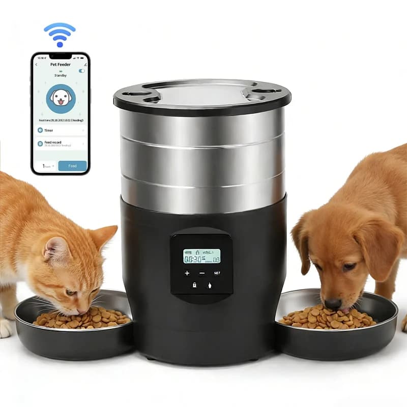 Mangiatoia intelligente per animali domestici da 4,5 litri con due ciotole in acciaio inossidabile e controllo APP WiFi Dispenser automatico per alimenti temporizzati per gatti/cani