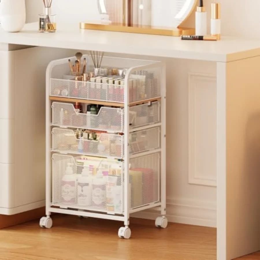 Organizzatore per Trucchi con 3 Cassetti, Contenitore Sotto Scrivania, Organizer da Terra per Cosmetici e Prodotti Skincare, Contenitore per Vanity