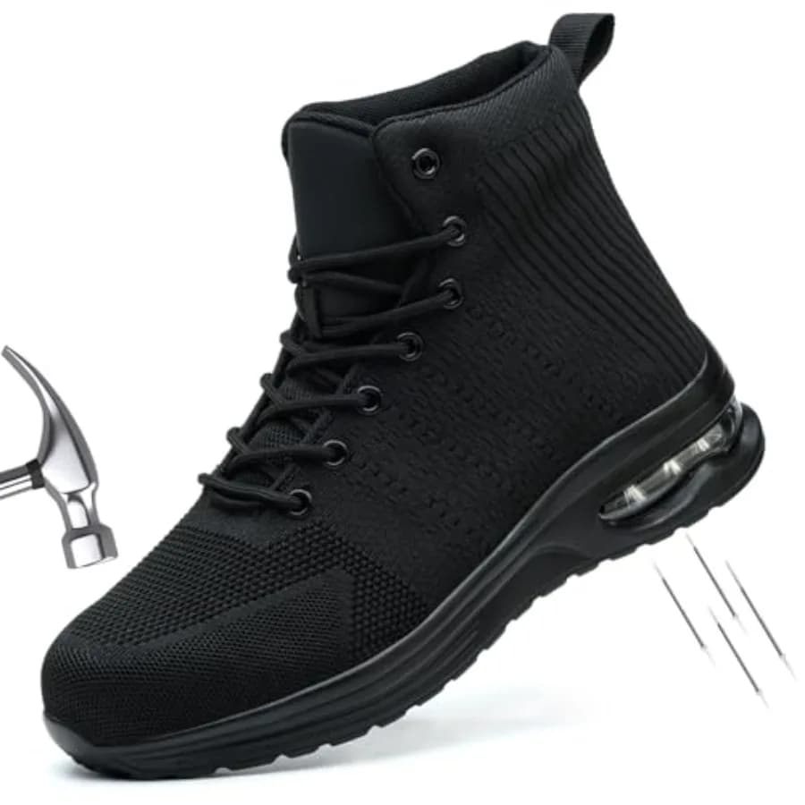 Stivali da Lavoro con Punta in Acciaio per Uomo o Donna, Scarpe Antinfortunistiche Alte Antiscivolo, Resistenti alle Forature, Comode con Cuscinetto d'Aria, Stile Tennis