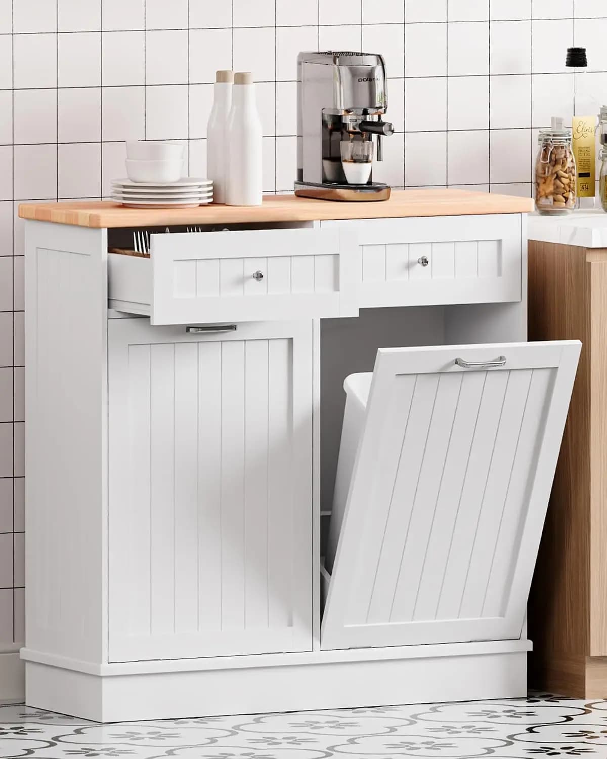 Double Tilt Out Trash Cabinet Freestanding Wooden Garbage Can Cabinet Hideaway Drawers Pet Proof Storage Unit Kitchen Living Room White