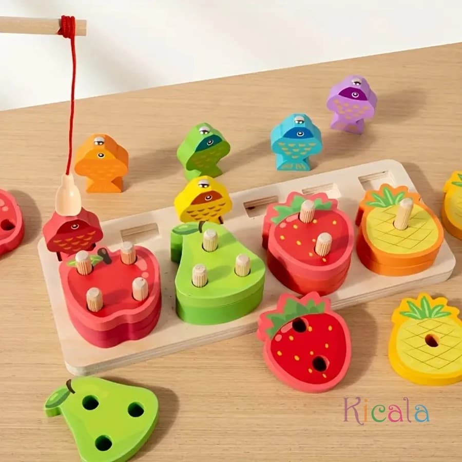 Gioco da tavolo con blocchi impilabili abbinati, gioco di pesca cognitivo, classificazione della frutta, forma magnetica in legno per bambini