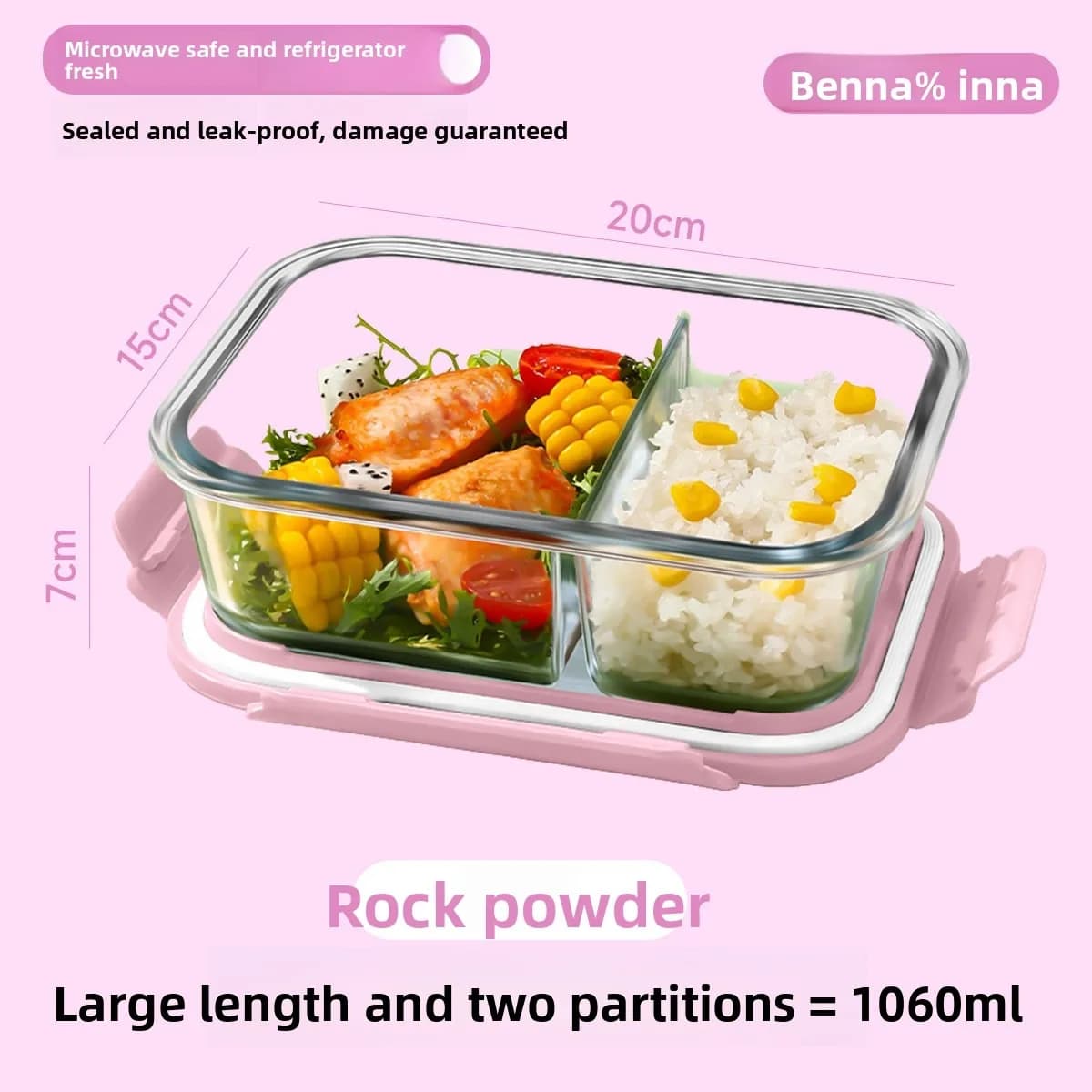 Contenitore per Pranzo in Vetro Rosa, 2/3 Scomparti, Ermetico e Adatto al Microonde, in Vetro Borosilicato Senza BPA