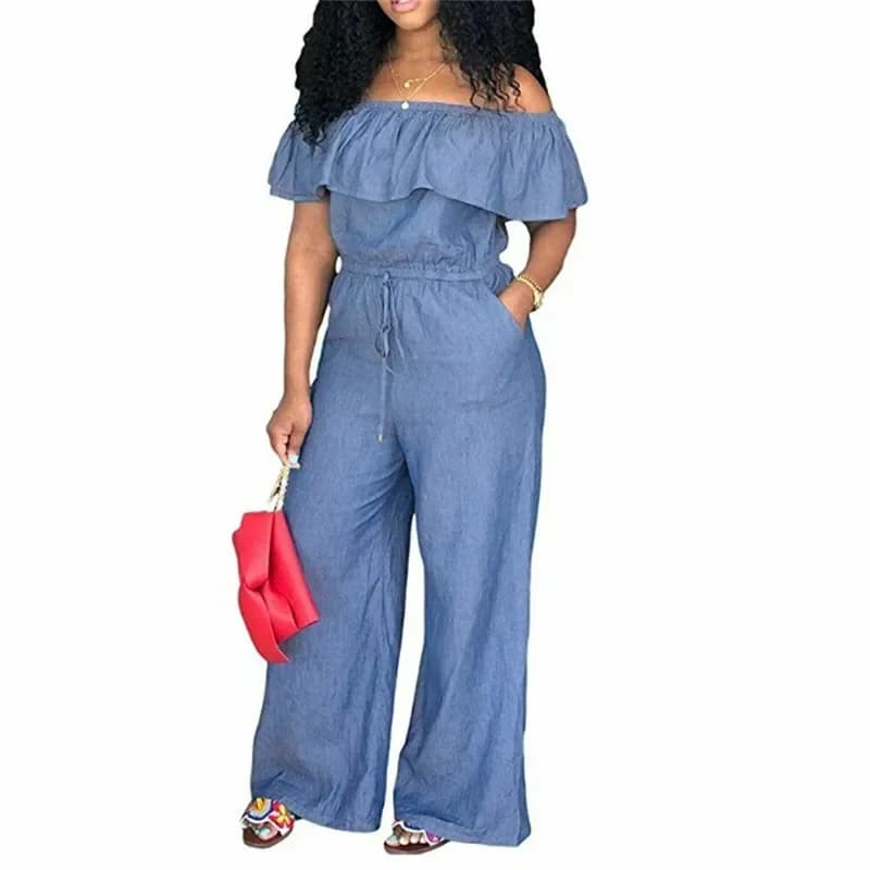 Casual Slash Neck Salopette Donna Denim Pagliaccetti Tuta Jeans Donna Autunno 2020 Cerniera posteriore Ruffles Tute Pantaloni Pantaloni
