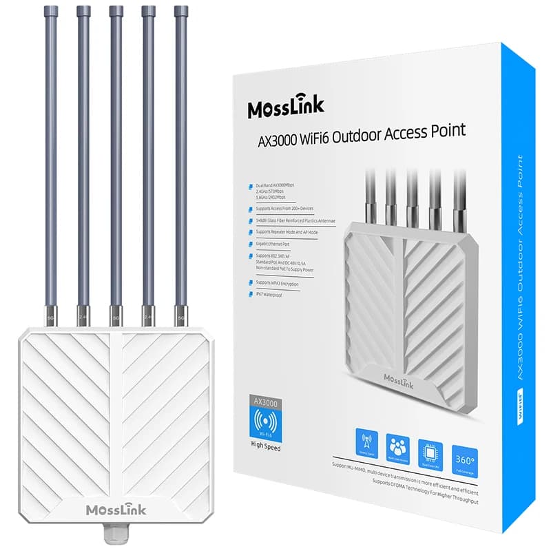 Mosslink Nuovo Router/Ripetitore/AP WiFi6 APM6-AX3000 per Esterni, Estensore WiFi Mesh 5G a Lungo Raggio con PoE, Impermeabile IP67