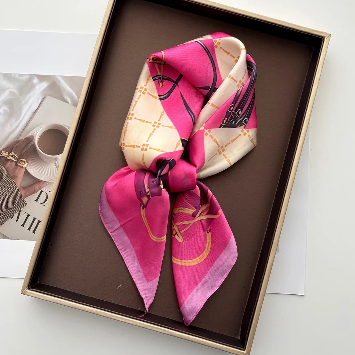 Summer women's square scarf in silk satin printed luxury silk, for hair, neck and head