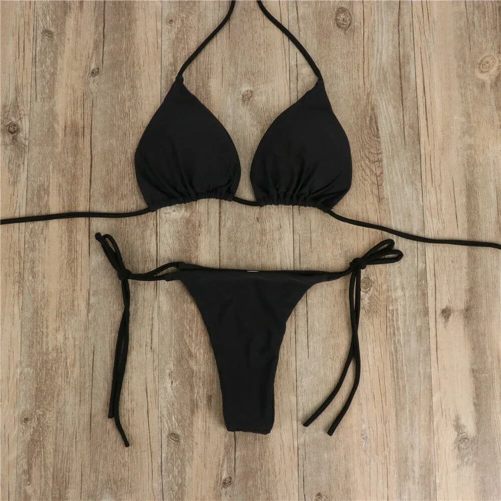 Costume da bagno bikini da donna sexy con cravatta laterale T-back perizoma a vita bassa stile fasciatura costumi da bagno brasiliani biancheria intima morbida e solida