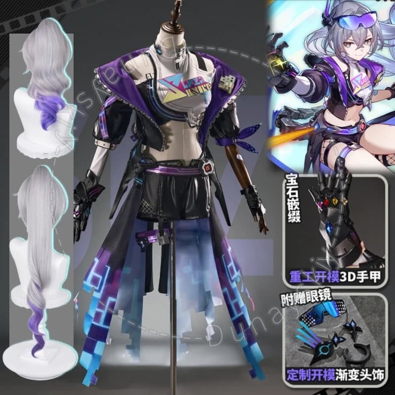 Lupo d'Argento Sp ‌ Costume Cosplay Cyberpunk Honkai: Star Rail con Dettagli Sfumati Pixel, Due Parrucche, Armatura 3D per Mani e Copricapo Sfumato