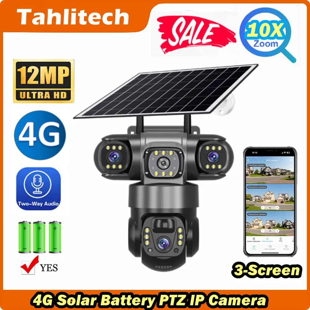 V380Pro Triplo Obiettivo 4G Telecamera Solare Esterna 12MP 10X Zoom Triplo Schermo PIR Rilevazione di Movimento Sorveglianza di Sicurezza IP66 PTZ Cam