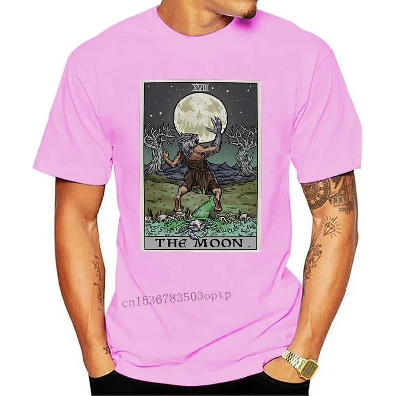 T-shirt in cotone da donna con stampa di carte dei Tarocchi di Halloween, luna e lupo mannaro, design gotico e spaventoso, ideale per la stagione di Halloween