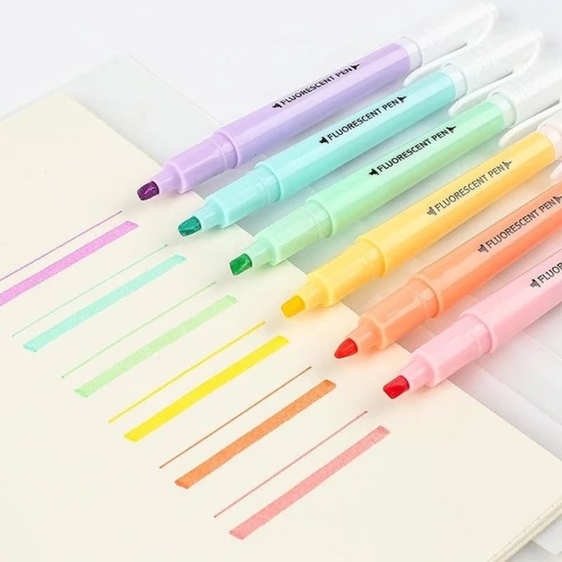 Set di 6 Evidenziatori Fluorescenti a Doppia Punta, Penne Pastello per Disegno, per Studenti, Scuola, Ufficio, Cancelleria Carina