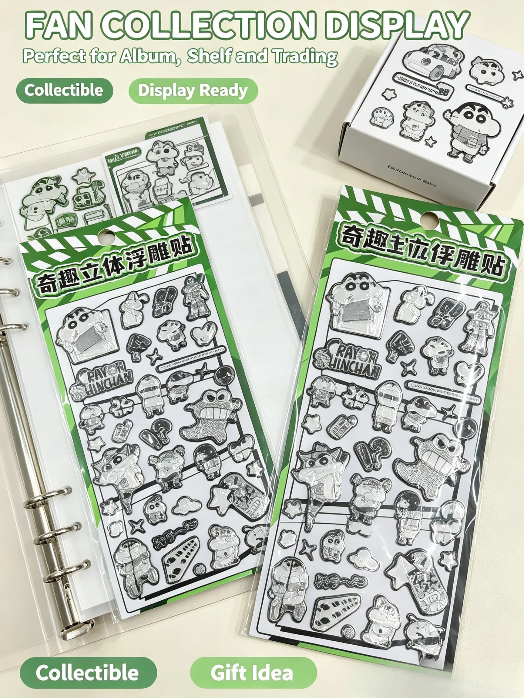 Black White 3D Relief Crayon Shin-chan Stickers Embossed Cartoon Decals for Water Bottle Luggage Skateboard Laptop Decor