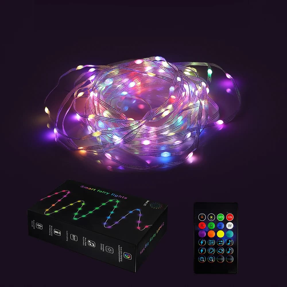 Luci a stringa RGB BLE Benexmart per albero di Natale e feste, striscia LED Dreamcolor da 5m 10m, controllo IR a 24 tasti tramite app iDeal LED.