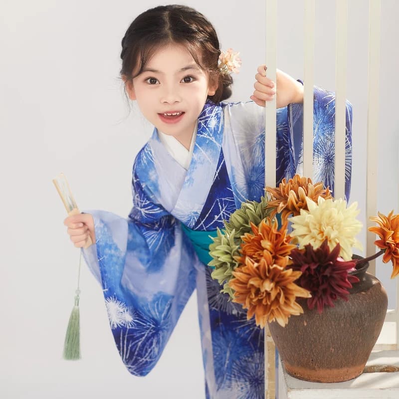 Kimono Giapponese per Bambina, Yukata Tradizionale Blu, Vestito Nazionale Orientale con Obi, Costume da Bagno Giapponese