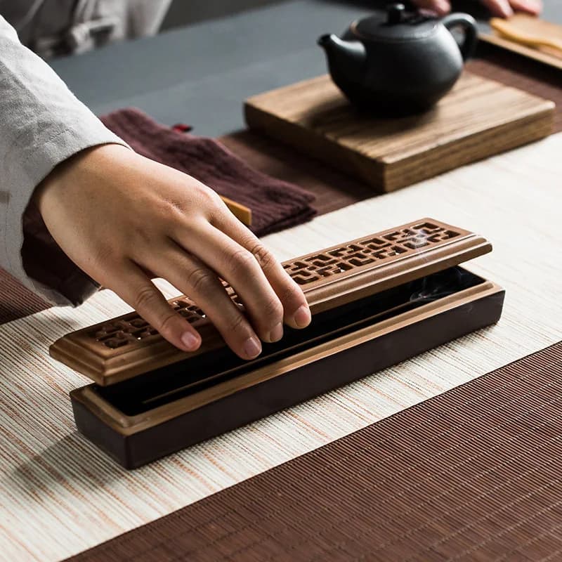 Handmade Natural Wood Carving Ceramic Incense Sticks Burner Bedroom Sandalwood Box Incense Burner Classical Temples Meditation