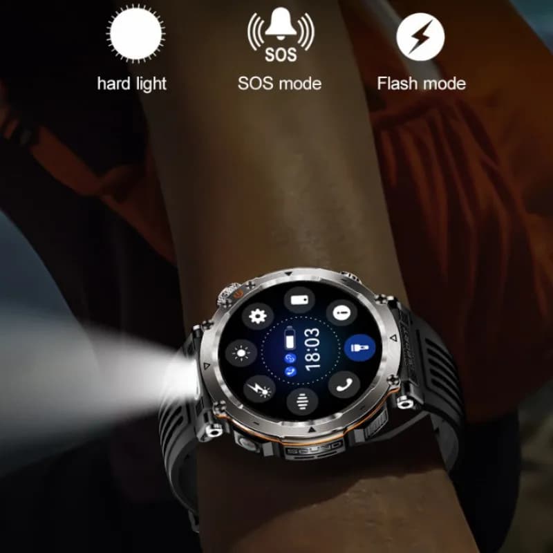 Smartwatch with Man Flashlight, BT Calls, Vocal Assistant, Cardiaca Frequency Monitoring, Remote Control Photography, External compass