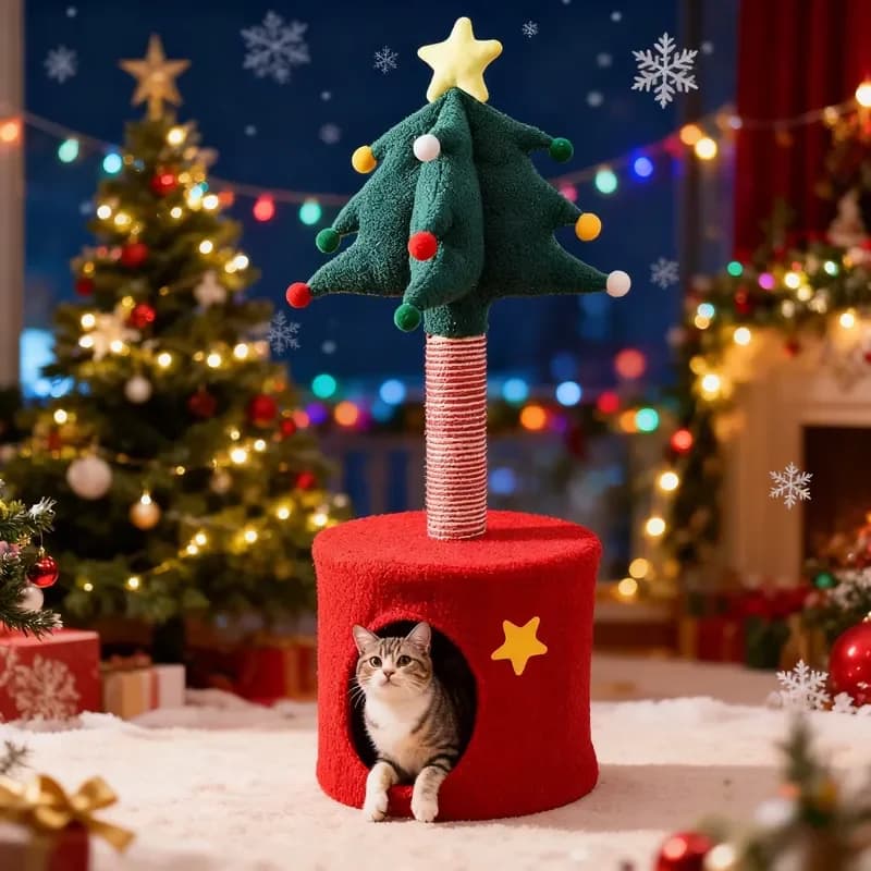 Customizable Small Christmas Tree Cat House Wood Pet Bed Accessory Integrated Scratching Frame Space-Saving Kitten Toy Cat