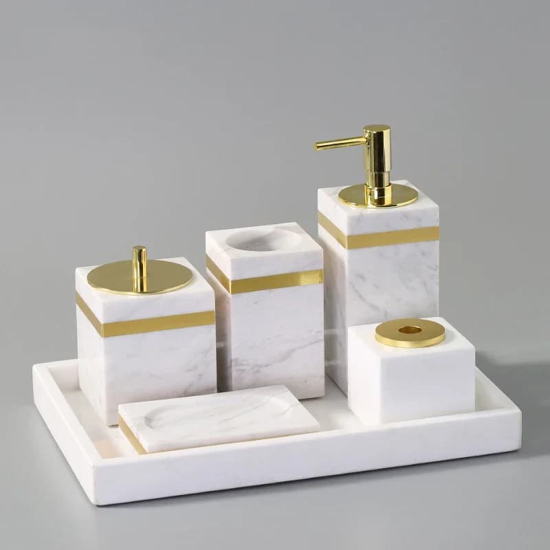 Volakas White Natural Marble Bathroom Set Luxury Soap Dispenser Toothbrush Holder Soap Dish Bath Set Golden Bathroom Accessories