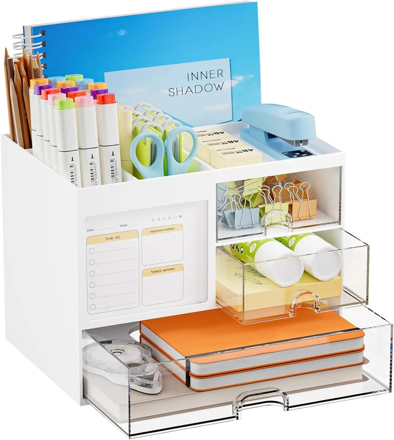 Organizer da scrivania a 3 cassetti con 4 scomparti, portapenne multifunzionale per ufficio e casa, bianco