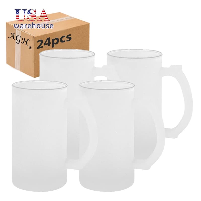 24 tazze di birra in vetro smerigliato vuoto per sublimazione da 16 once, tazza di vetro potabile con manico Wang