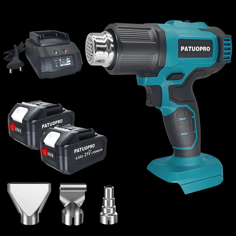 PATUOPRO Pistola di calore a batteria Pistola ad aria calda elettrica portatile portatile per carichi pesanti Utensili elettrici con 3 ugelli per batteria Makita 18v