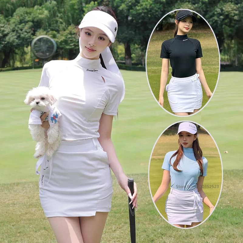 SG Abbigliamento da golf da donna Colletto alla coreana Top da golf ad asciugatura rapida Camicie da tennis a maniche corte Gonna a tubino da golf da donna con borsa piccola e corta