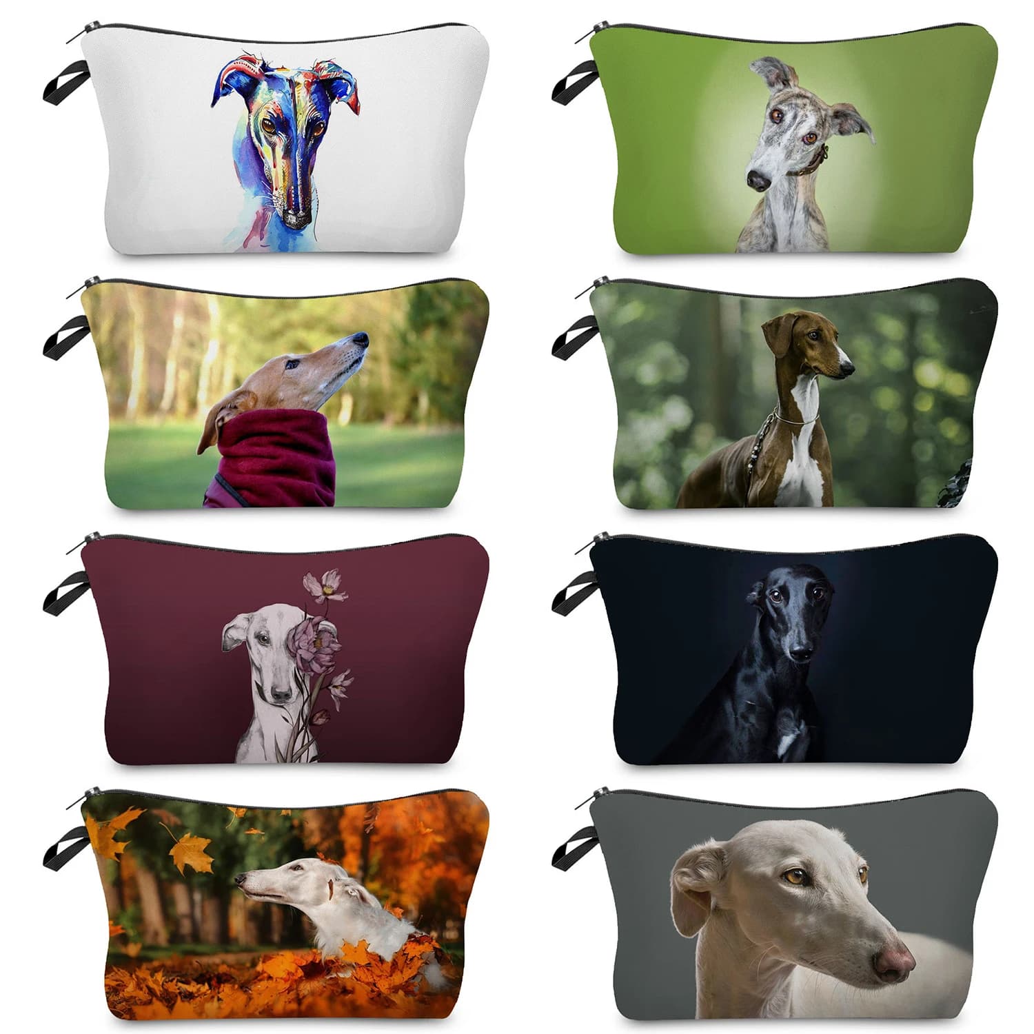 Geli Dog Animal Printed borsa cosmetica da donna Greyhound Print Mini borse per il trucco da donna Outdoor Beach Travel Kit da toilette pieghevole
