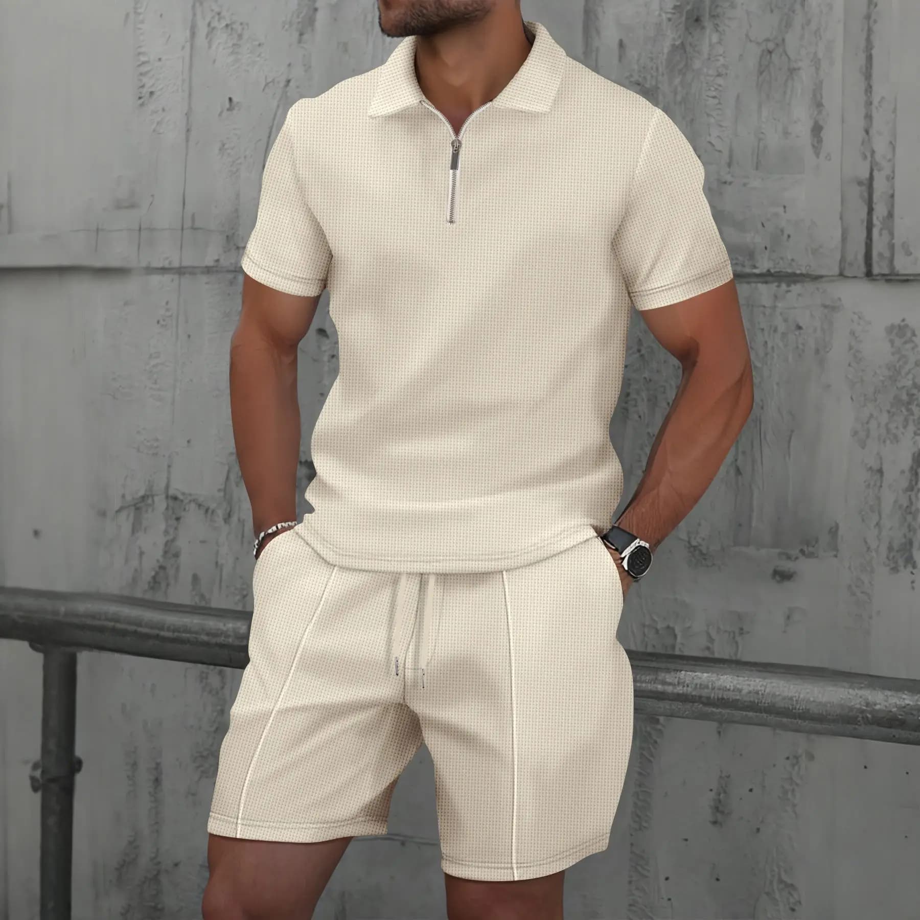 Men Waffle Quick Dry 2 Piece Outfits Zip Polo Shirt Drawstring Shorts Set Breathable Solid Casual Sports Tracksuit Multi Color