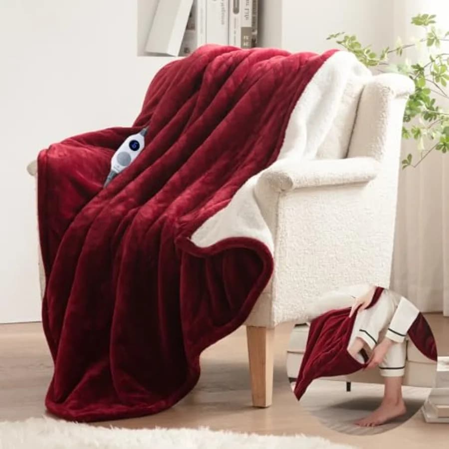 Coperta Elettrica con Tasca per i Piedi per Adulti, Ultra Morbida in Flanella e Sherpa, con 6 Livelli di Riscaldamento e Timer da 2-10 Ore