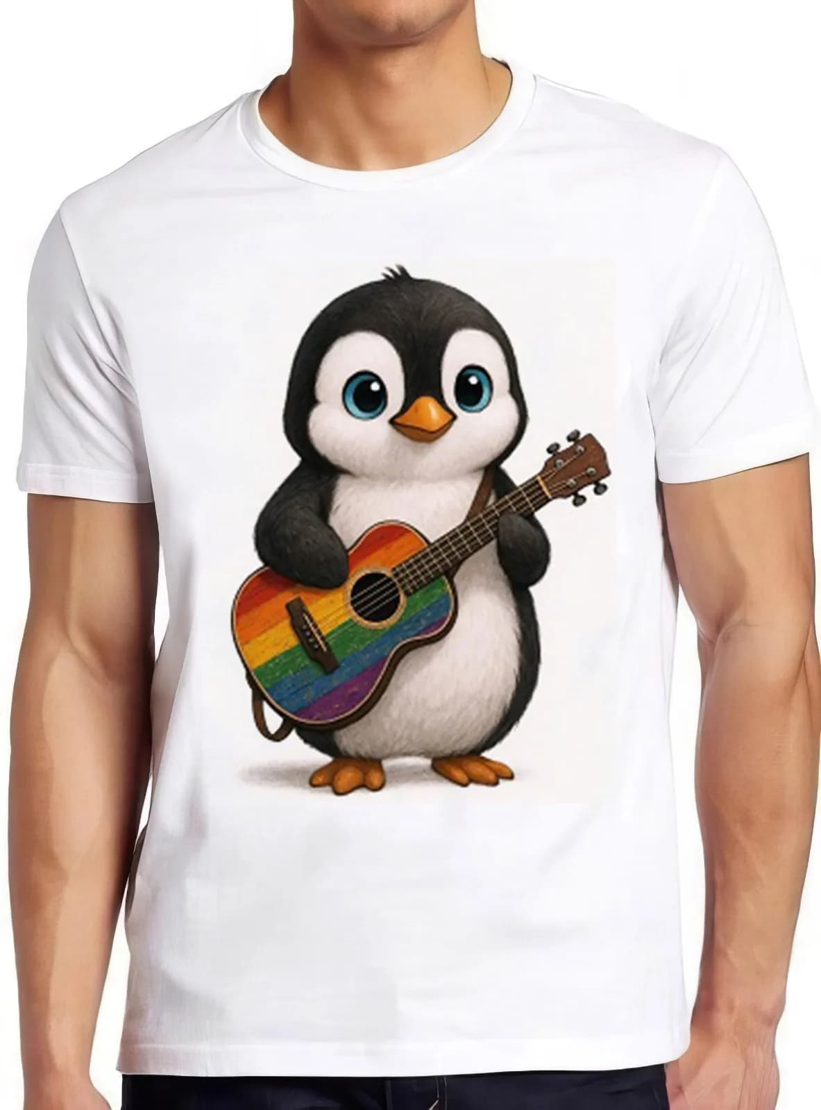 Baby Penguin che suona la chitarra Gay Pride LGBT Rainbow Cool Gift Tee T Shirt 2621