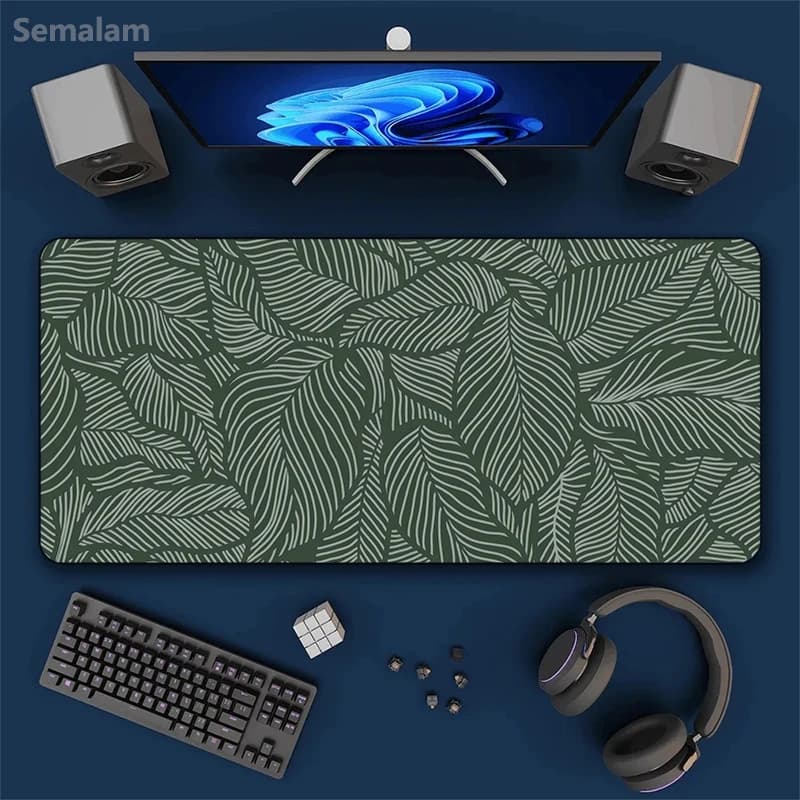 Tappetino da Scrivania XXL con Foglie Verdi, Grande Mousepad da Gaming, Base Antiscivolo in Gomma, Bordi Cuciti, Tappetino per Tastiera PC e Tablet per Ufficio